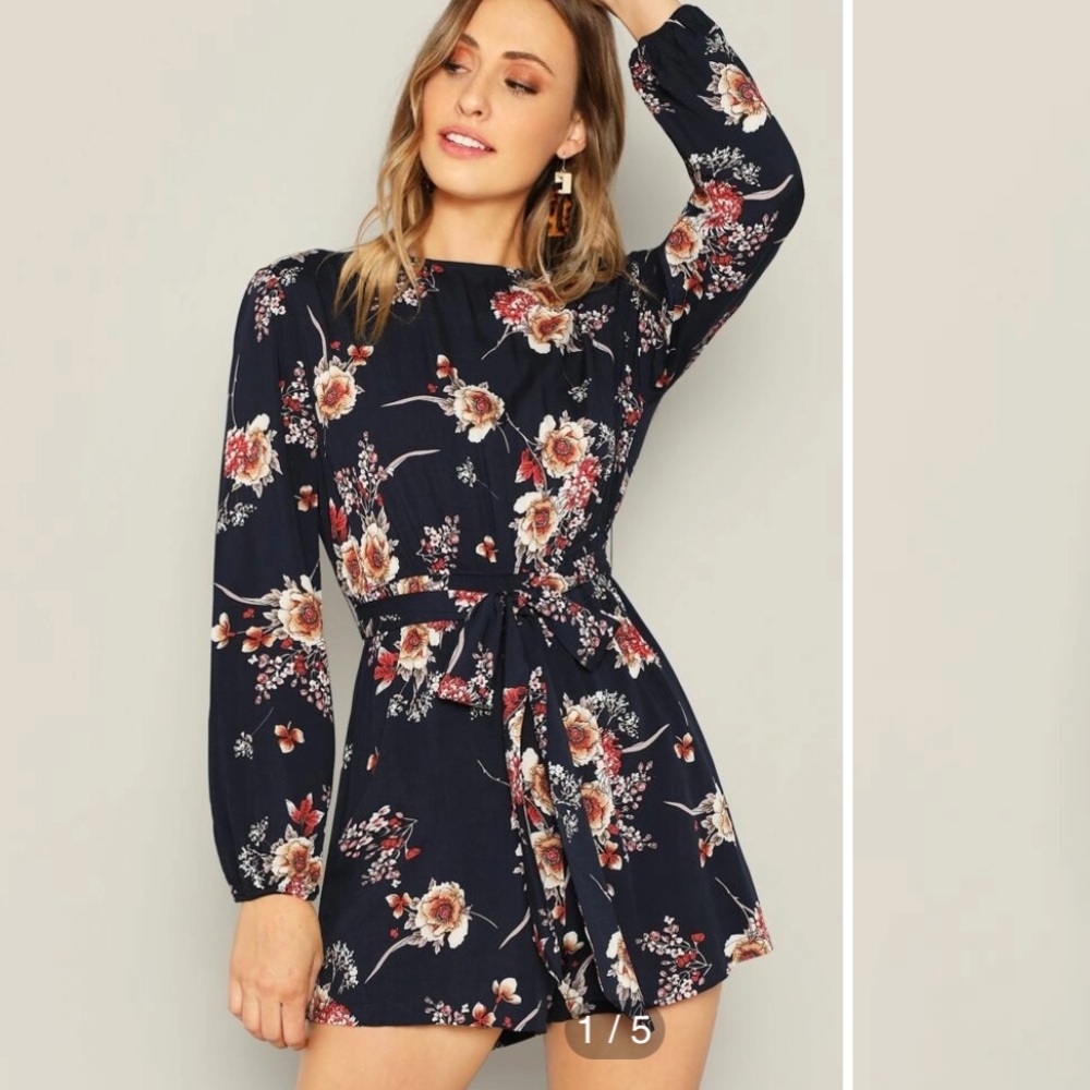 Shein Floral Print Belted Romper